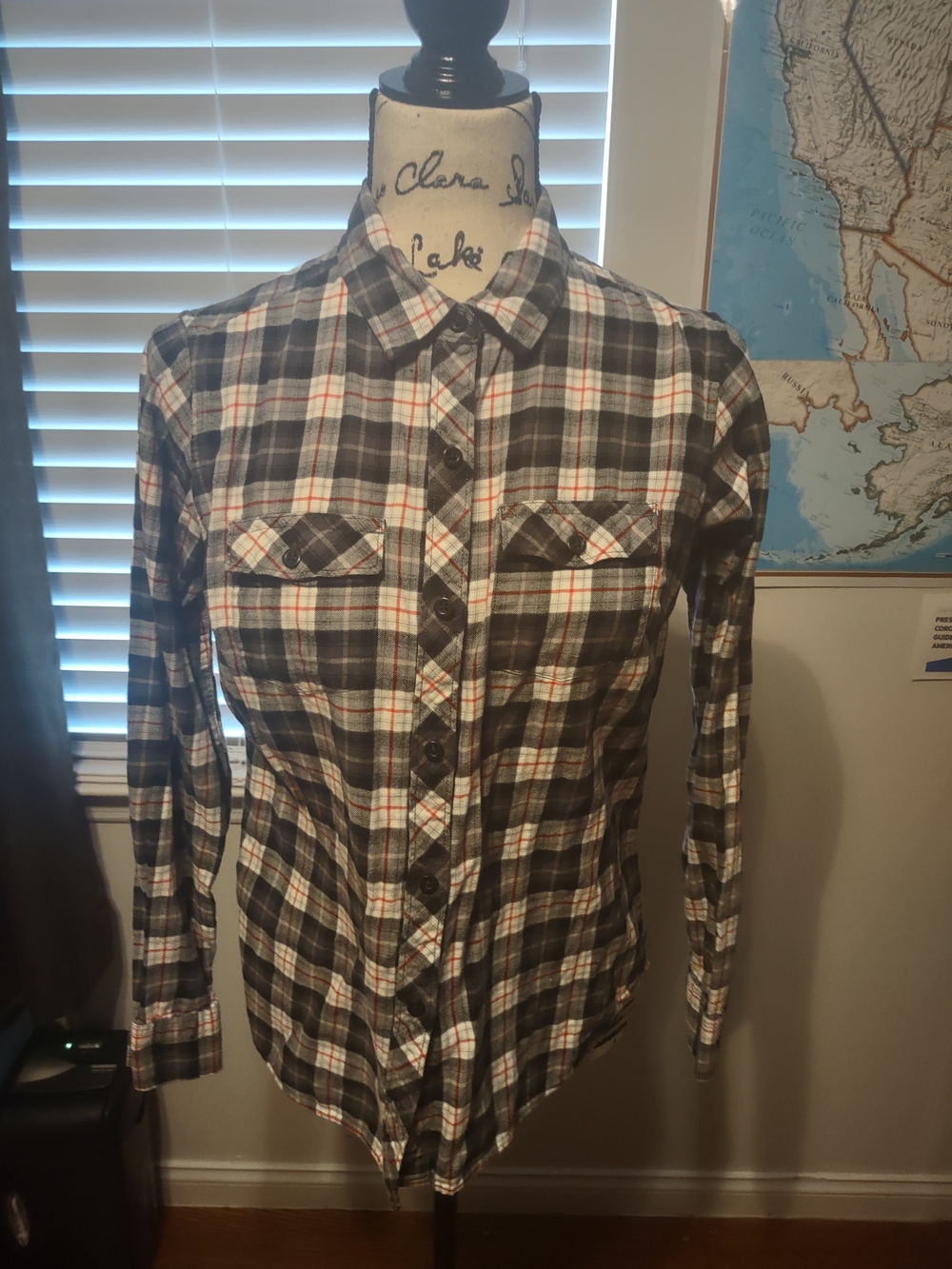 Eddie Bauer Black, White and Red Plaid Button-Up Blouse